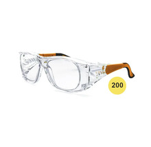 Schutzbrille für Brillenträger mit klaren Sichtscheiben und verstellbaren Bügeln.