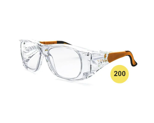 Schutzbrille für Brillenträger mit klaren Sichtscheiben und verstellbaren Bügeln.