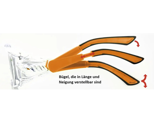 Schutzbrille mit in Länge und Neigung verstellbaren Bügeln.