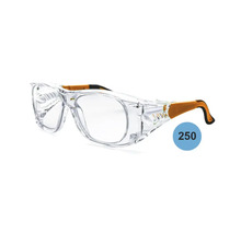 Schutzbrille für Brillenträger mit transparentem Gestell und verstellbaren orange-schwarzen Bügeln.