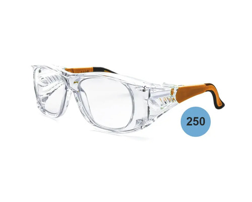 Schutzbrille für Brillenträger mit transparentem Gestell und verstellbaren orange-schwarzen Bügeln.