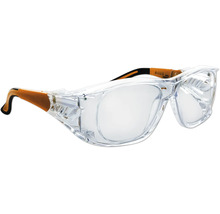 Transparente Schutzbrille aus Kunststoff mit Seitenschutz und Bügeln in Orange und Schwarz.