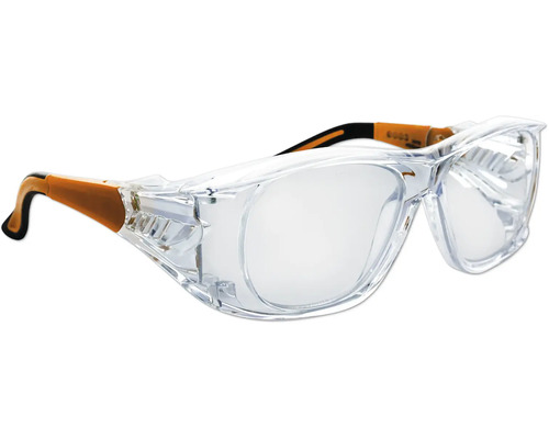 Transparente Schutzbrille aus Kunststoff mit Seitenschutz und Bügeln in Orange und Schwarz.