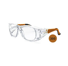 Schutzbrille mit klaren Gläsern, Seitenschutz und gelb-schwarzen Bügeln.
