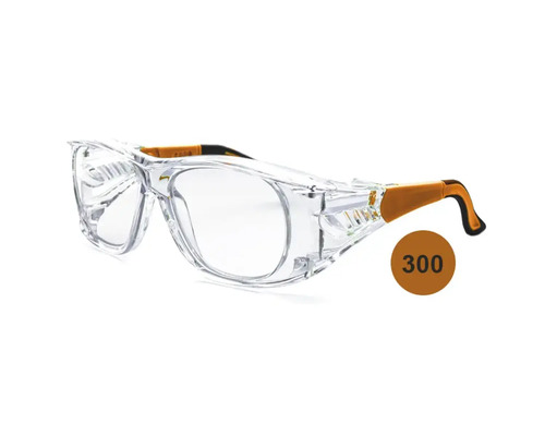 Schutzbrille mit klaren Gläsern, Seitenschutz und gelb-schwarzen Bügeln.