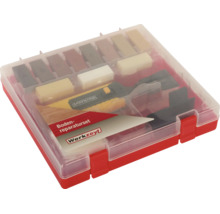 Werkzeyt Boden-Reparaturset für Laminat, Kork und Parkett in einer Kunststoffbox mit Schmelzer und Hartwachsstangen.