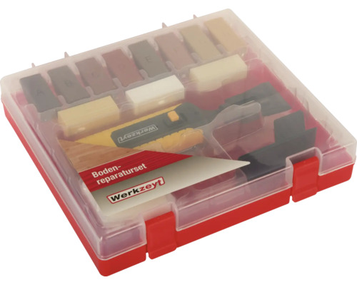 Werkzeyt Boden-Reparaturset für Laminat, Kork und Parkett in einer Kunststoffbox mit Schmelzer und Hartwachsstangen.