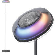 Moderne LED-Stehlampe mit rundem Sockel und flachem, kreisförmigem Leuchtkopf mit Farbwechseleffekt.