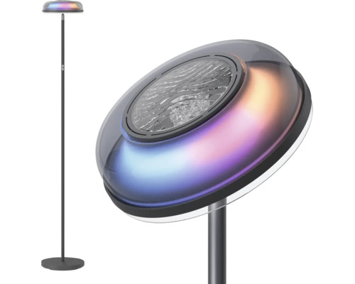 Moderne LED-Stehlampe mit rundem Sockel und flachem, kreisförmigem Leuchtkopf mit Farbwechseleffekt.