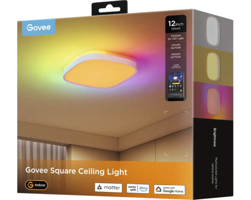 Govee quadratische Deckenleuchte 30 Zentimeter mit mehrfarbiger LED Technologie und App Steuerung. Kompatibel mit Matter, Alexa und Google Home.