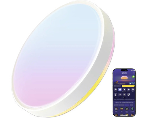 Runde smarte Deckenleuchte mit Steuerung per Smartphone-App für einstellbare Lichtfarben und Helligkeit.