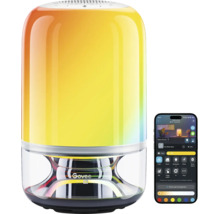 Govee smarte Tischleuchte mit Govee Logo, mehrfarbigem Lichteffekt und Steuerung über eine Smartphone-Anwendung.