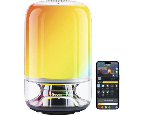 Govee smarte Tischleuchte mit Govee Logo, mehrfarbigem Lichteffekt und Steuerung über eine Smartphone-Anwendung.