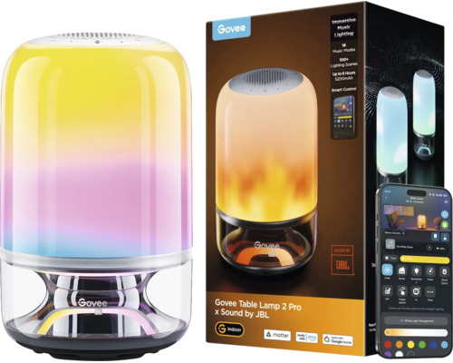 Govee Tischleuchte 2 Pro mit integriertem JBL Lautsprecher, App-Steuerung und Produktverpackung mit Unterstützung für Matter und Sprachsteuerung.