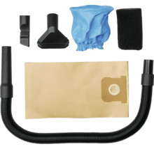Staubsauger-Zubehörset mit Saugschlauch, Papierfilterbeutel, Stofffilter, Schaumstofffilter, Fugendüse und Polsterdüse.