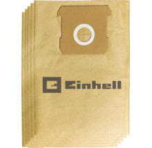 Fünf Einhell Staubsaugerbeutel aus Papier mit Kartonflansch und Einhell Logo.