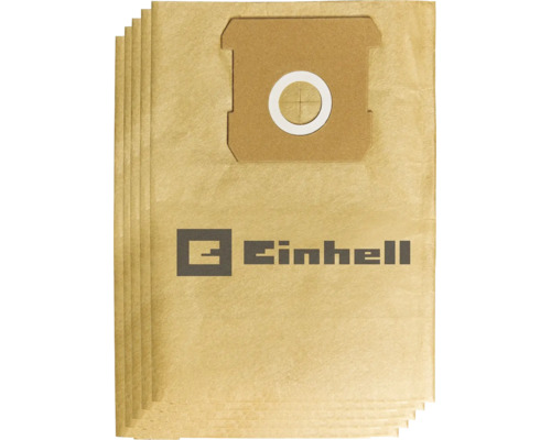 Fünf Einhell Staubsaugerbeutel aus Papier mit Kartonflansch und Einhell Logo.