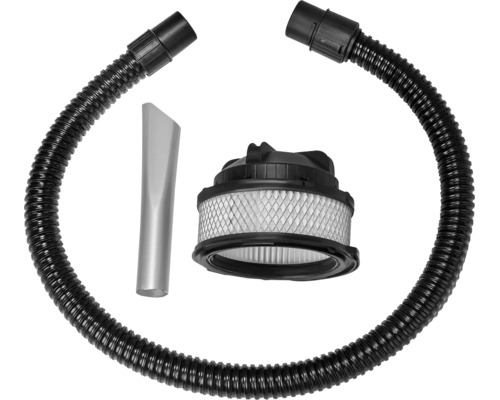 Staubsauger-Zubehörset bestehend aus schwarzem Saugschlauch, Faltenfilter und silberner Fugendüse.