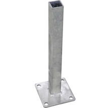 Pfostenträger zum Aufschrauben aus feuerverzinktem Stahl für quadratische Holzpfosten mit Bodenplatte und vier Bohrlöchern.