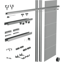 Schiebetürsystem-Set mit Laufschienen, Führungsprofilen, Rollenwagen, Montagezubehör und Türfüllung.