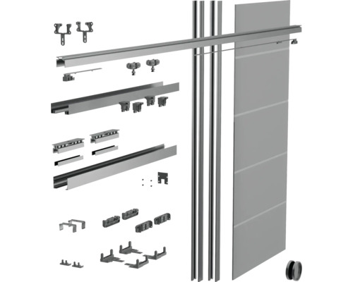 Schiebetürsystem-Set mit Laufschienen, Führungsprofilen, Rollenwagen, Montagezubehör und Türfüllung.