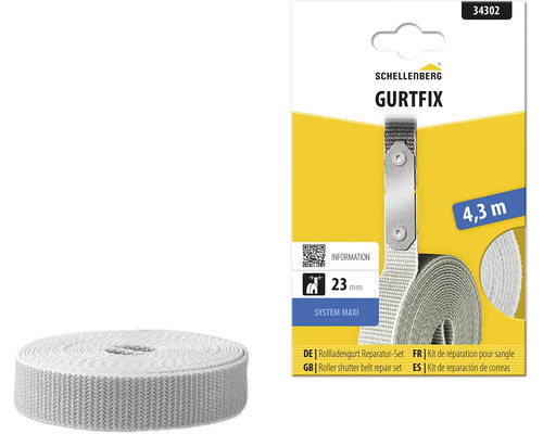 Schellenberg Gurtfix Rollladengurt Reparaturset System Maxi mit 4,3 Meter grauem Gurt in 23 Millimeter Breite und Verpackung.