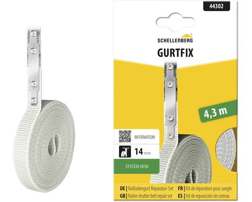 Schellenberg Gurtfix Rollladengurt-Reparaturset System Mini mit Gurtband und Metallstreifen, 14 Millimeter breit und 4,3 Meter lang.