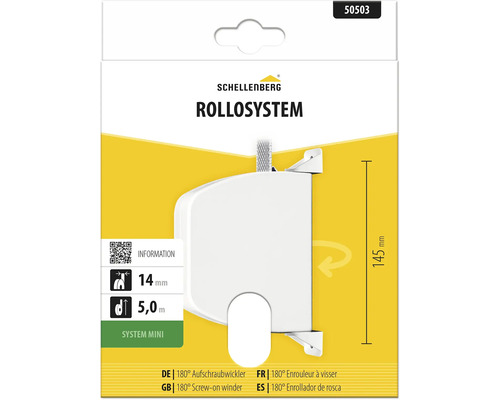 Weißer Schellenberg Aufschraubwickler 180 Grad für Rollladen, System Mini, 14 Millimeter Gurtbreite, 5,0 Meter Gurtlänge, 145 Millimeter Höhe.
