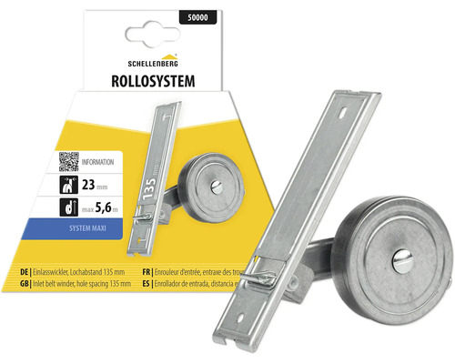 Schellenberg Logo. Einlasswickler System Maxi aus Metall, Lochabstand 135 Millimeter, Gurtbreite 23 Millimeter, Gurtlänge bis 5,6 Meter.