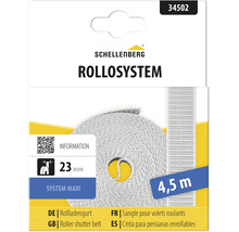 Schellenberg Logo, grauer Rollladengurt System Maxi, Breite 23 Millimeter, Länge 4,5 Meter.