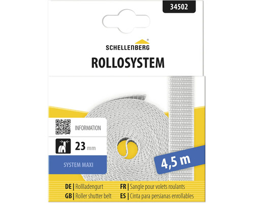 Schellenberg Logo, grauer Rollladengurt System Maxi, Breite 23 Millimeter, Länge 4,5 Meter.