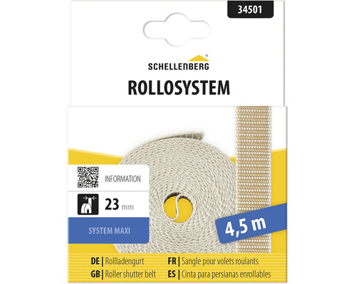 Schellenberg Rollladengurt System Maxi, Breite 23 Millimeter, Länge 4,5 Meter, beige, aufgerollt in Verkaufsverpackung.