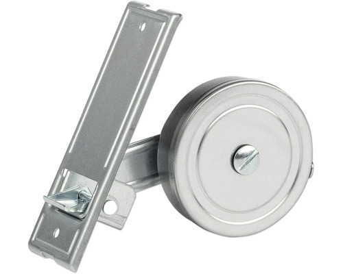 Schiebetürrolle aus verzinktem Stahl mit Montageplatte und Verriegelungshaken.