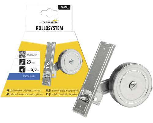 Schellenberg Einlasswickler Maxi für Rolladen, Lochabstand 105 Millimeter, Gurtbreite 23 Millimeter, Gurtlänge 5 Meter. Schellenberg Logo.