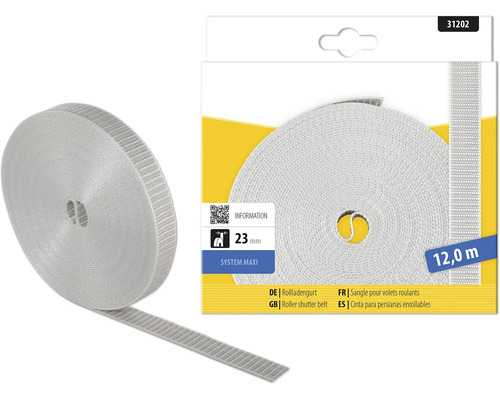 Grauer Rollladengurt System Maxi, Breite 23 Millimeter, Länge 12 Meter.