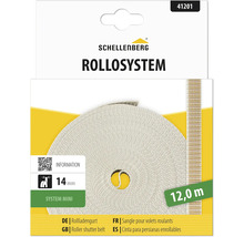 Schellenberg Logo. Rollladengurt System Mini, Breite 14 Millimeter, Länge 12 Meter, aufgerollt in der Verpackung.