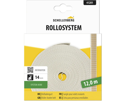 Schellenberg Logo. Rollladengurt System Mini, Breite 14 Millimeter, Länge 12 Meter, aufgerollt in der Verpackung.