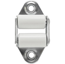 Doppelrollen-Schnäpper aus Metall mit zwei weißen Kunststoffrollen und Montagebohrungen.