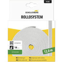 Schellenberg Logo, Rollladengurt System Mini, Breite 14 Millimeter, Länge 12 Meter, auf Rolle in Verkaufsverpackung.