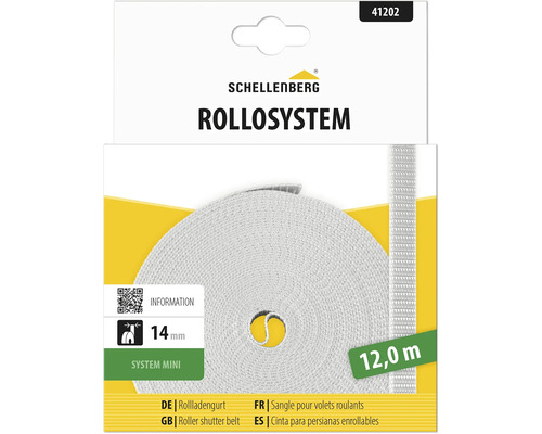Schellenberg Logo, Rollladengurt System Mini, Breite 14 Millimeter, Länge 12 Meter, auf Rolle in Verkaufsverpackung.