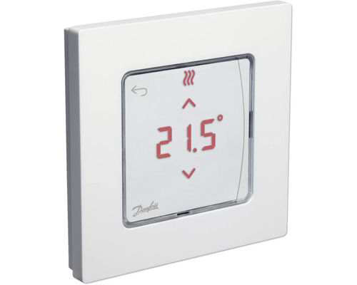 Danfoss digitaler Raumthermostat mit Displayanzeige 21,5 Grad und Pfeilsymbolen zur Temperaturregelung.