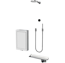 Duschsystem mit Regenduschkopf, Handbrause, Schlauch, runder Unterputzarmatur, Duschrinne und weißem Unterputzgehäuse.