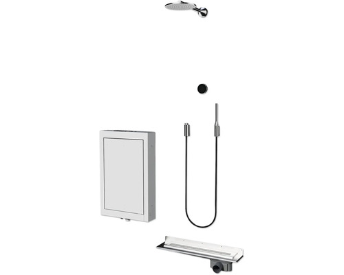 Duschsystem mit Regenduschkopf, Handbrause, Schlauch, runder Unterputzarmatur, Duschrinne und weißem Unterputzgehäuse.