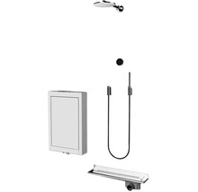 Duschset bestehend aus Regenduschkopf, Handbrause mit Schlauch, Unterputzarmatur, Einbaugehäuse und einer Duschrinne.