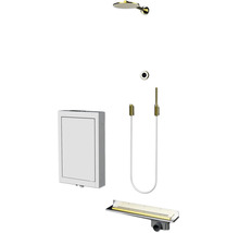 Duschset bestehend aus Regenduschkopf, Handbrause mit weißem Schlauch, Unterputz-Einbaubox und Duschrinne in Gold-Optik.