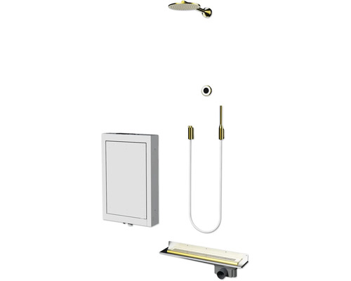 Duschset bestehend aus Regenduschkopf, Handbrause mit weißem Schlauch, Unterputz-Einbaubox und Duschrinne in Gold-Optik.