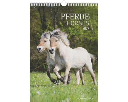 Wandkalender 2027 mit dem Titel Pferde Horses, zeigt zwei Pferde auf einer Blumenwiese vor einem Wald, ALPHAEDITION Logo.