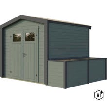Gartenhaus aus Holz mit Doppeltür und angebautem Kaminholzlager für den Außenbereich (Image AI modified or generated)
