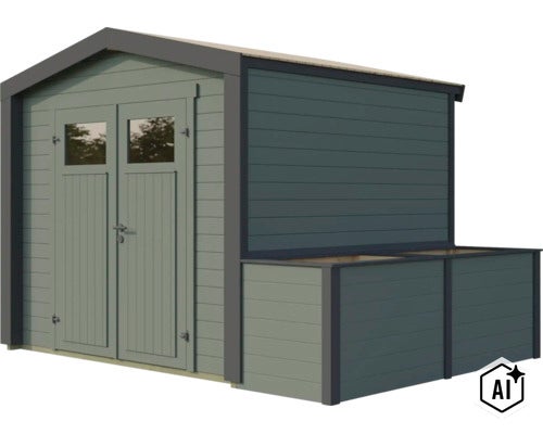 Gartenhaus aus Holz mit Doppeltür und angebautem Kaminholzlager für den Außenbereich (Image AI modified or generated)