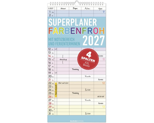 Familienkalender 2027 mit vier Spalten für Notizen und Ferientermine in extra breiter Ausführung.